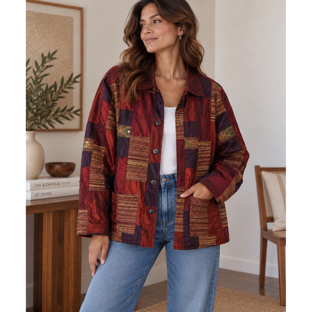 Coldwater Creek Jacket Womens L Red Patchwork Reversible Silk Blend Boho Artsy